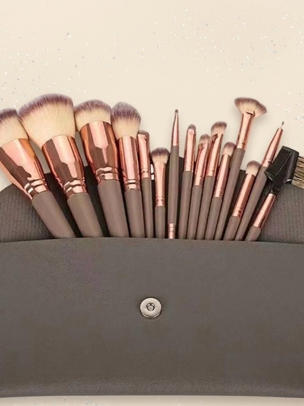 15-Piece Taupe Makeup Brush Set w/ Pouch | Rose Gold Tone Brushes